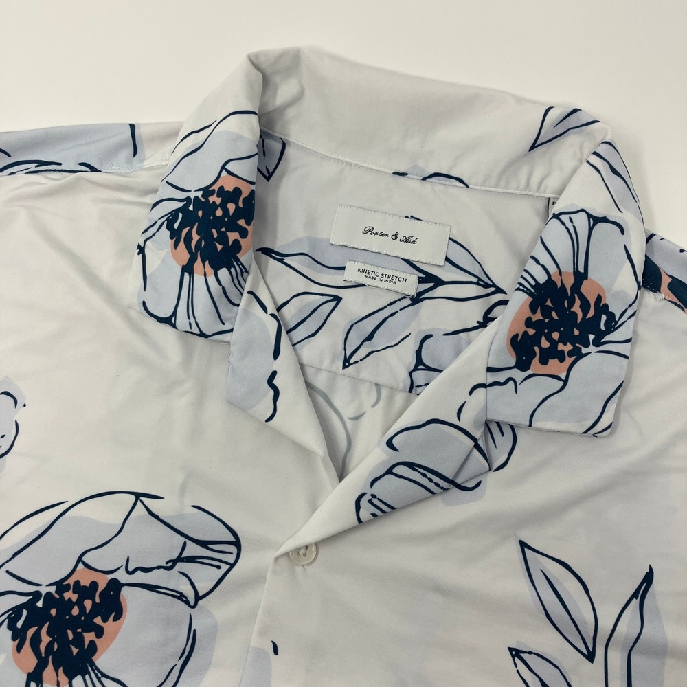 Porter And Ash Shirt Mens L White Abstract Floral Kinetic Stretch Short Sleeve